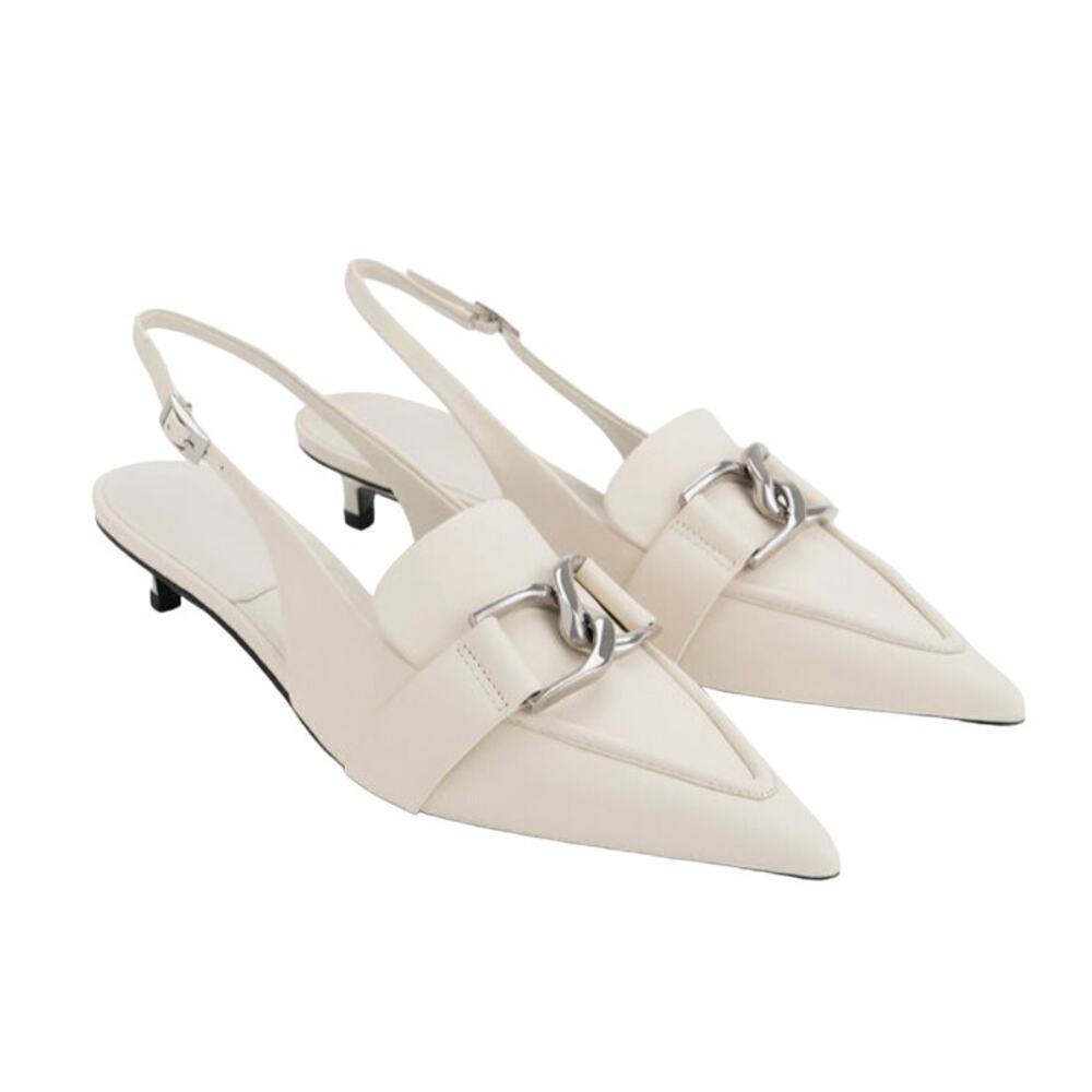 Charles & Keith Gabine Leather Interlocking Slingback Pumps in Chalk, Size 38/8‍